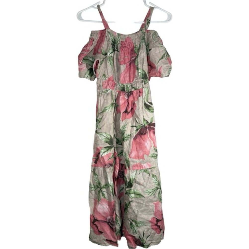Kourt Made in Italy 100% Linen Ruffled Cold Shoulder Midi Dress size S